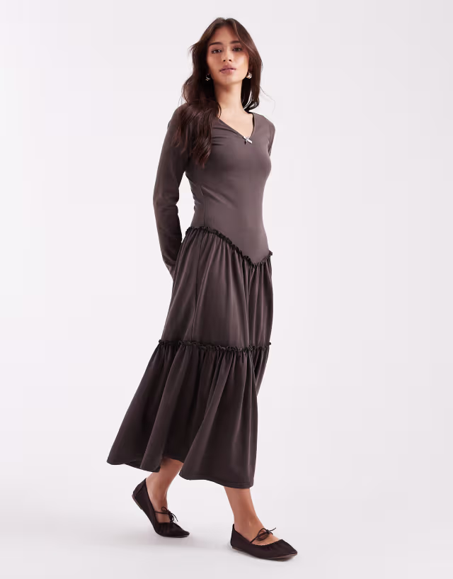 Daisy Street tiered dropped waist maxi dress in washed gray brown