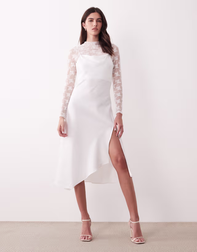 YAS long sleeve lace underlay cami satin dress in gardenia white