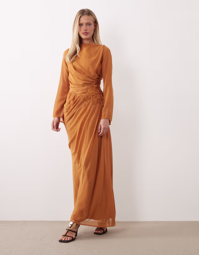 ASOS DESIGN chiffon maxi dress with 3D embroidered flower hip detail in orange