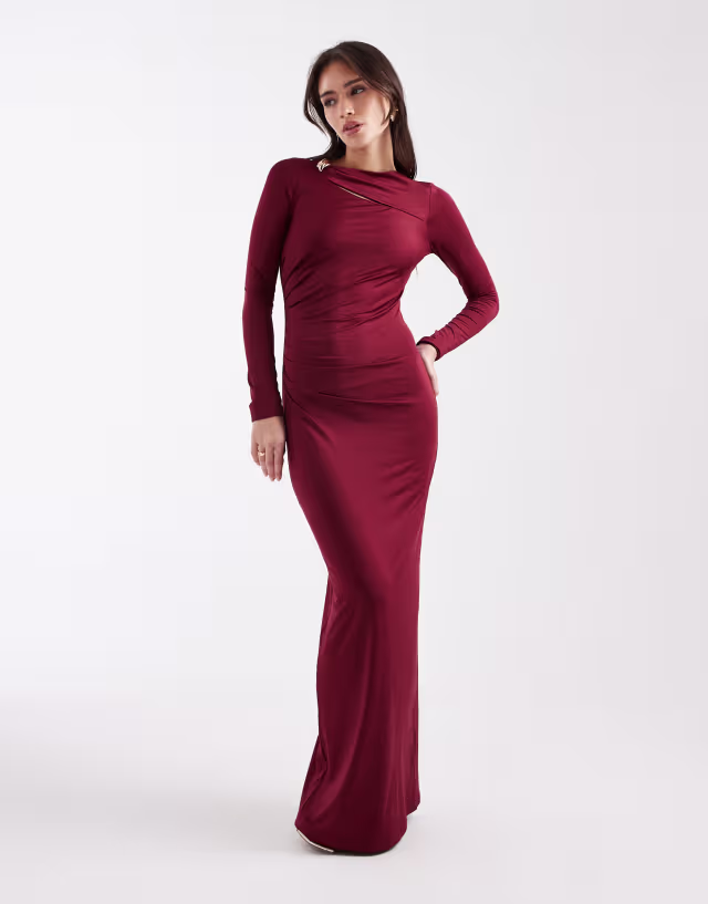 4th & Reckless ruched side long sleeve metal cut out detail maxi dress in burgundy