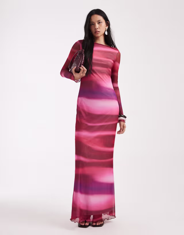 Vero Moda Tall long sleeve mesh maxi dress in pink abstract print