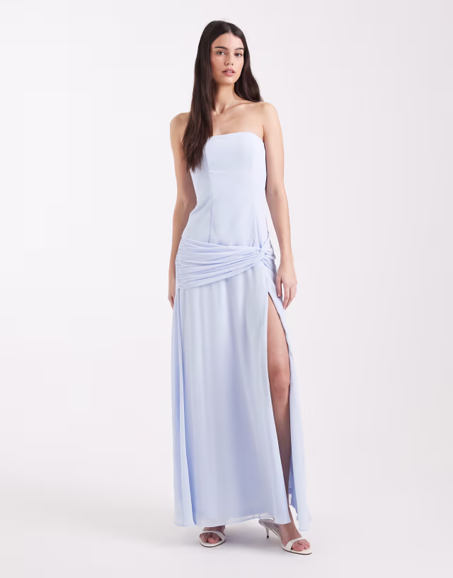 TFNC Bridesmaid chiffon sleeveless drop waist twist detail thigh split maxi dress in blue