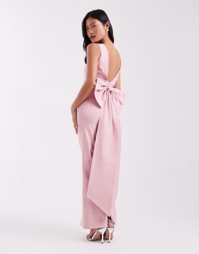 TFNC Petite Bridesmaid bengaline maxi dress with detachable bow back in pink
