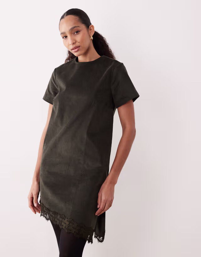 ASOS DESIGN corduroy t-shirt midi dress with asymmetric lace hem in olive