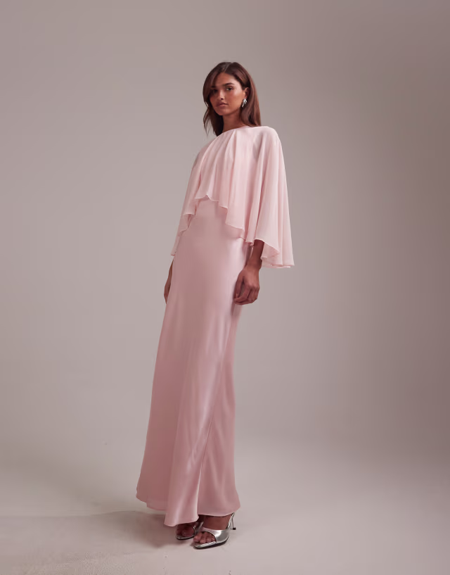ASOS DESIGN Bridesmaids sheer chiffon cape overlay bias cut satin dress in pink