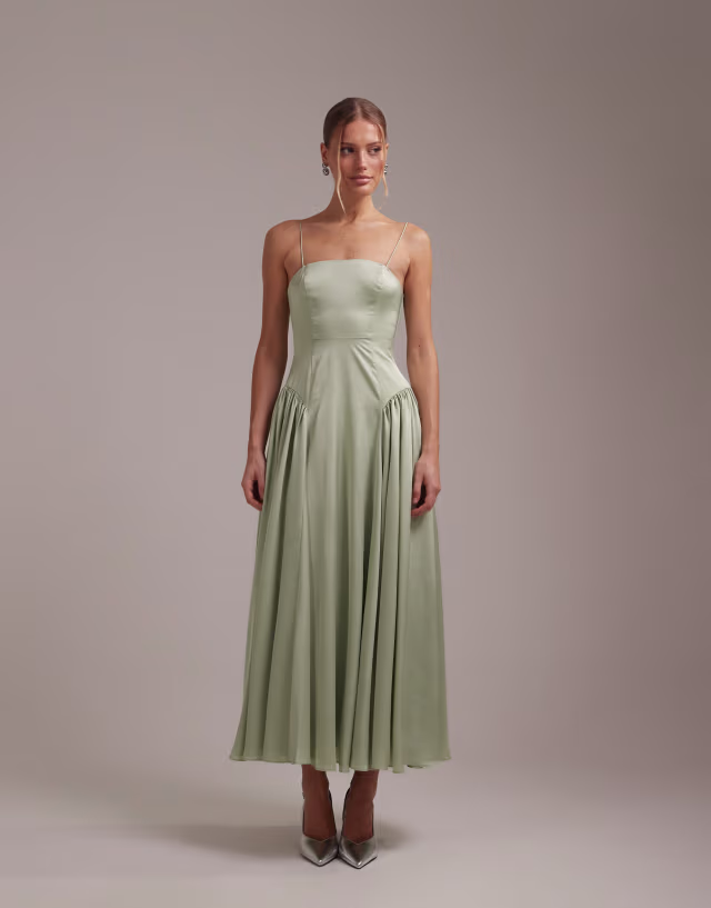 ASOS DESIGN Bridesmaids drop waist tie detail cami midaxi dress in sage green