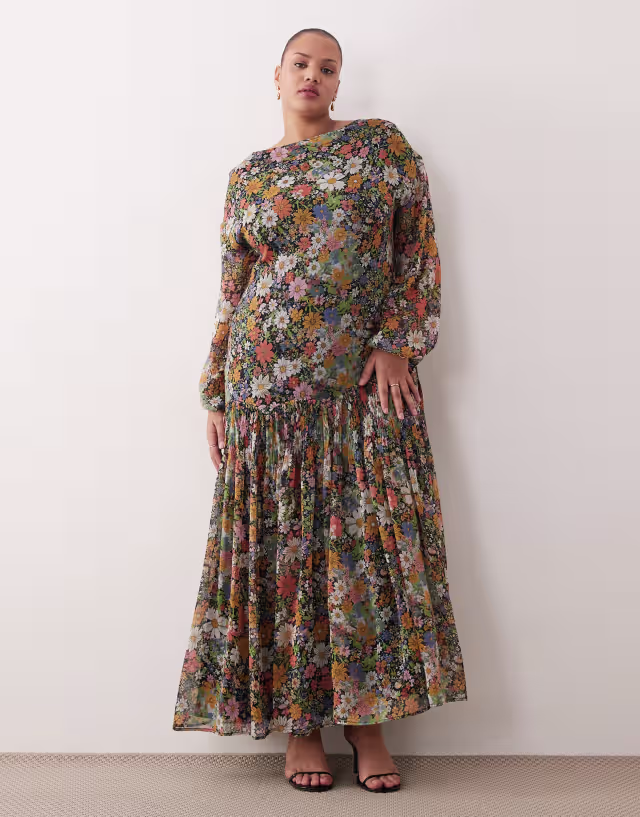ASOS DESIGN Curve slash neck chiffon godet maxi dress in black based floral