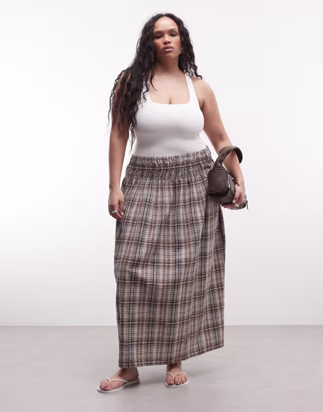 COLLUSION Plus shirred waistband maxi skirt in brown plaid