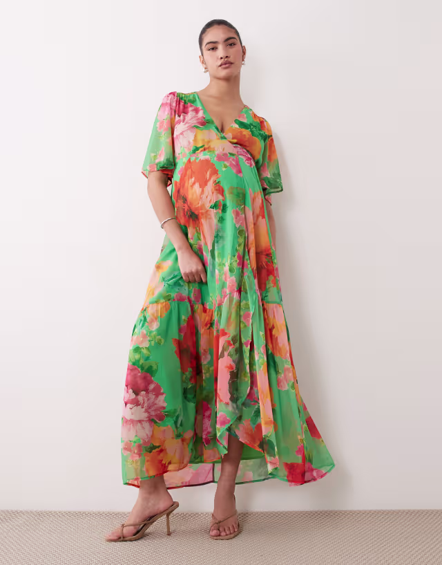 Hope & Ivy Maternity flutter sleeve tie waist maxi wrap dress in green floral