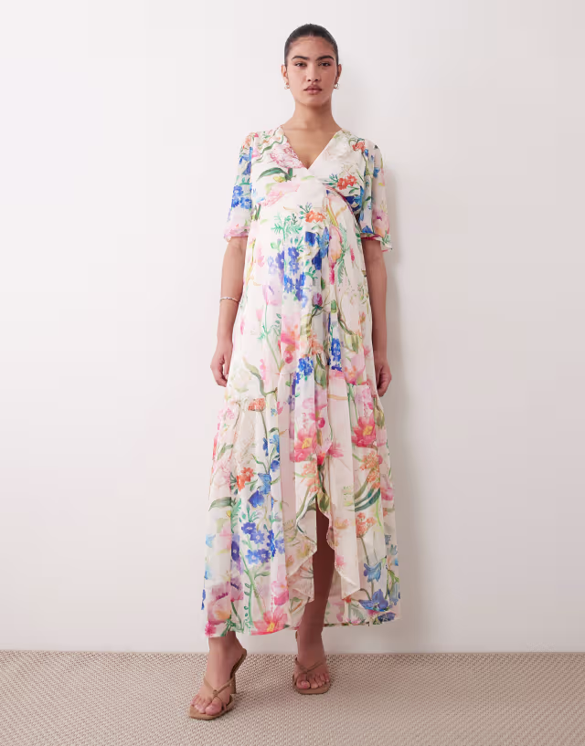 Hope & Ivy Maternity wrap tie waist detail maxi dress in white floral