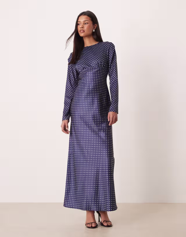 ASOS DESIGN bias cut bust detail satin maxi dress in navy polka dots