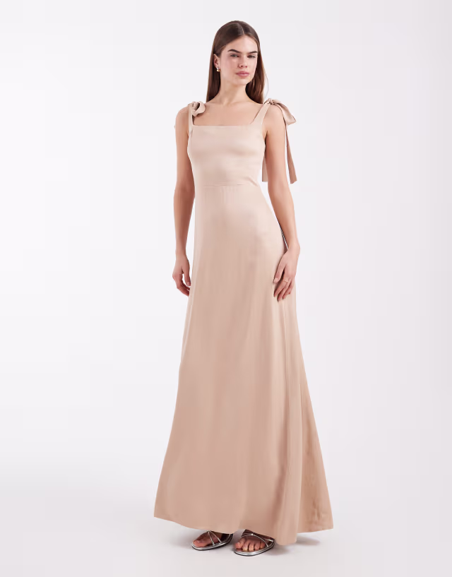 Maids to Measure Bridesmaid tie shoulder maxi dress in mocha