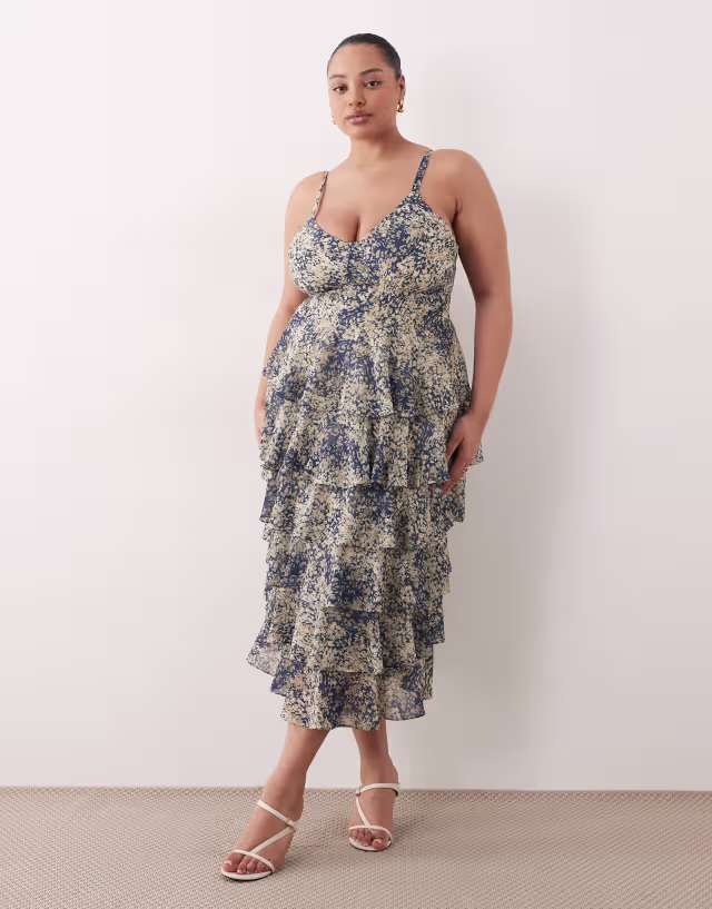 Pretty Lavish Curve ruffle midaxi dress in navy abstract print