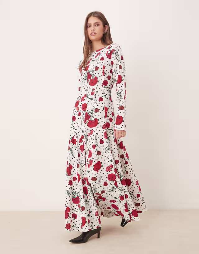 ASOS DESIGN slash neck maxi dress with full skirt in floral polkadot