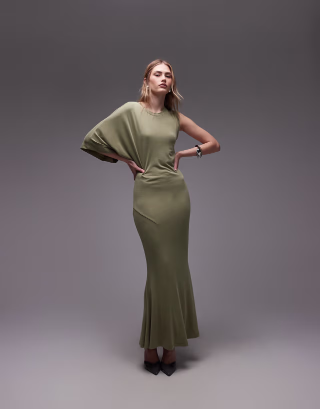 ASOS DESIGN one sleeved maxi fishtail dress in sage