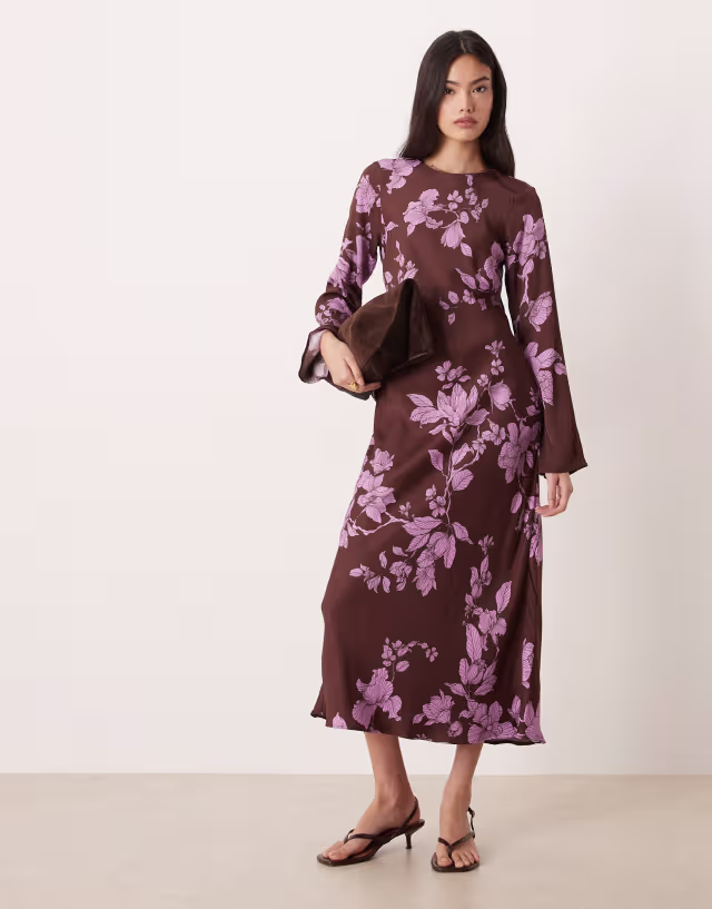 Nobody's Child Shiloh long sleeve midaxi dress in brown oversized floral
