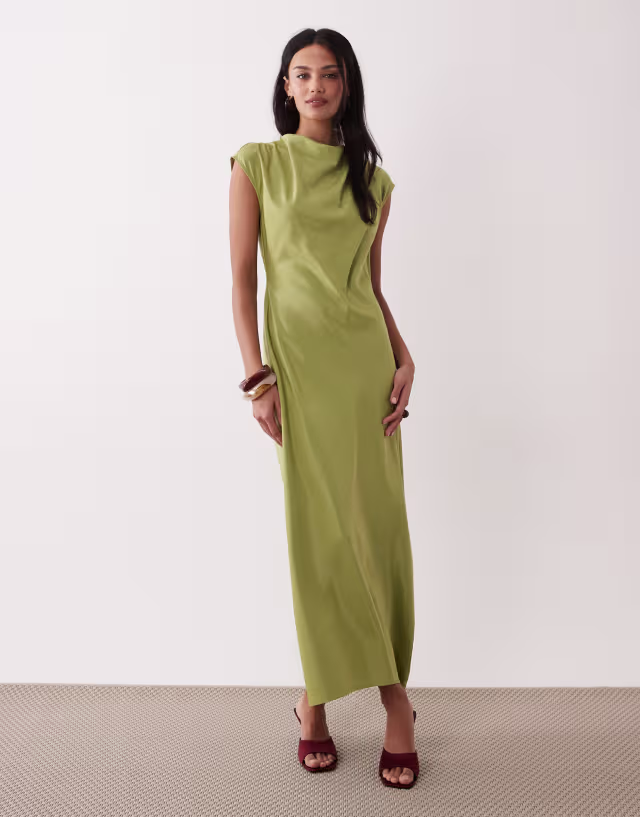 Nobody's Child Eden cap sleeve cowl neck satin midaxi dress in olive