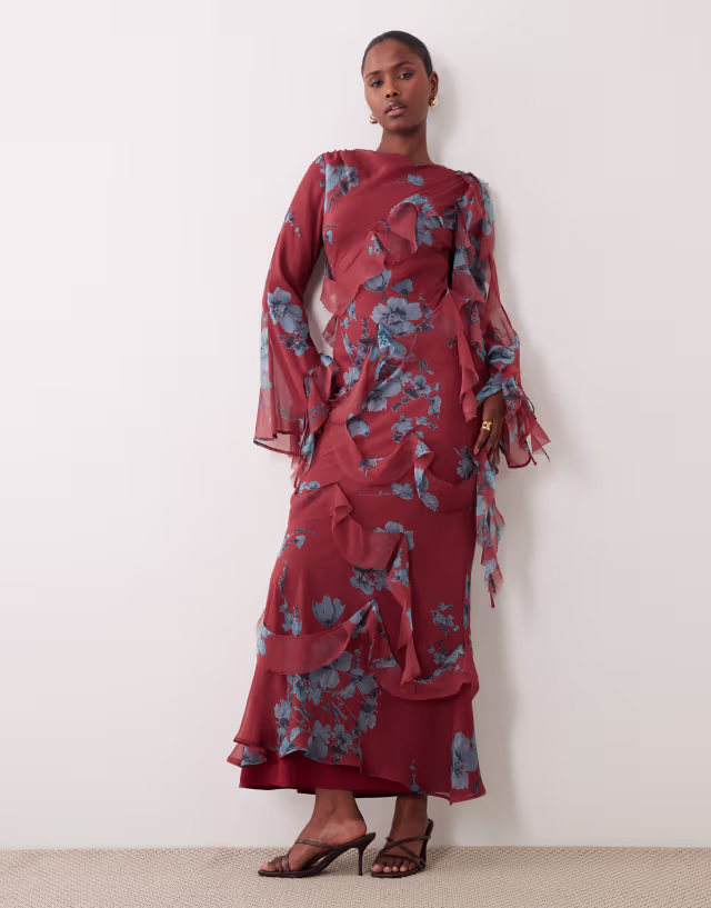 ASOS DESIGN draped raw edge ruffle trim long sleeve maxi dress in floral print