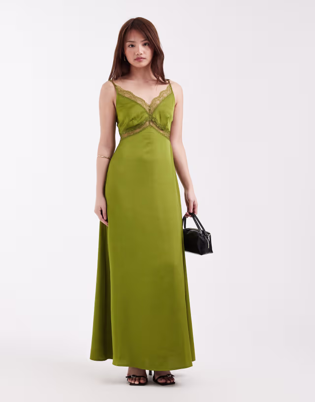 ONLY Petite satin feel maxi dress with lace detailing in olive