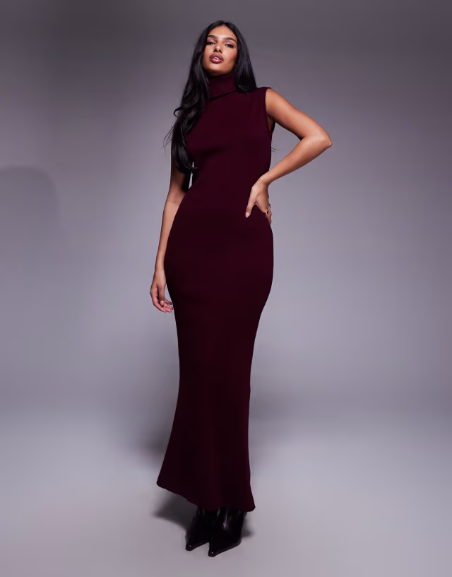 Kaiia exclusive rib knit high neck sleeveless maxi dress in burgundy