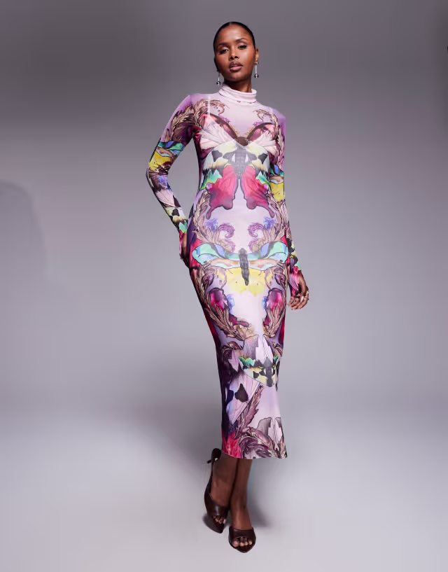 AFRM Shailene long sleeve turtleneck mesh midi dress in ornate purple