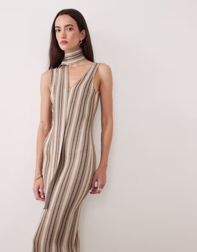 Pretty Lavish Tierra sparkle stripe knit maxi dress with scarf in multi shimmer stripe