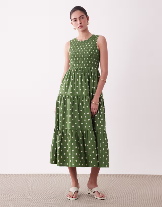 Nobody's Child Charlie shirred bodice tiered skirt midi dress in green polka dots