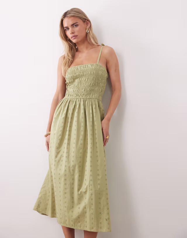 Miss Selfridge Petite strappy eyelet midaxi dress in sage