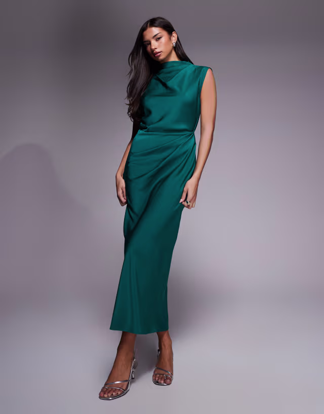 ASOS DESIGN satin high neck pleated bodice midi dress in teal