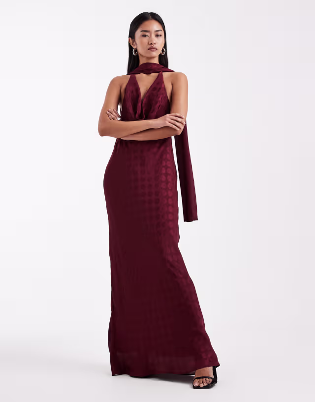 ASOS DESIGN scarf cowl neck maxi dress in plum spot