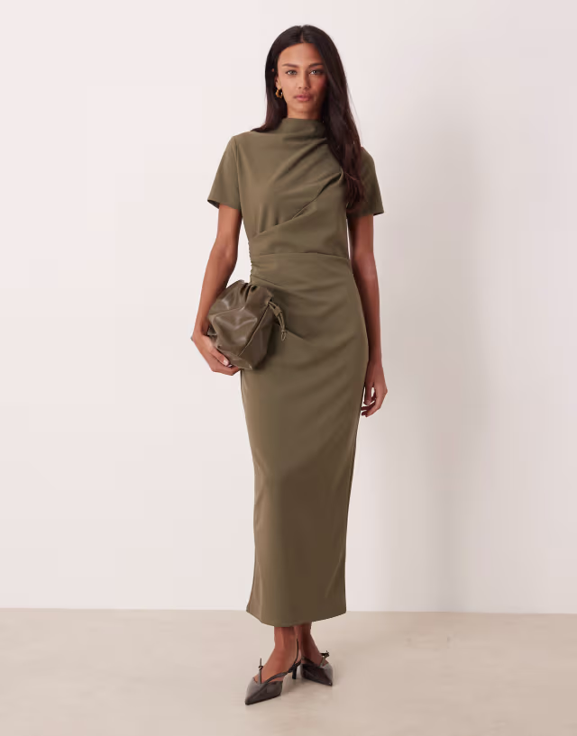 ASOS DESIGN pleated draped high neck midaxi dress in khaki green