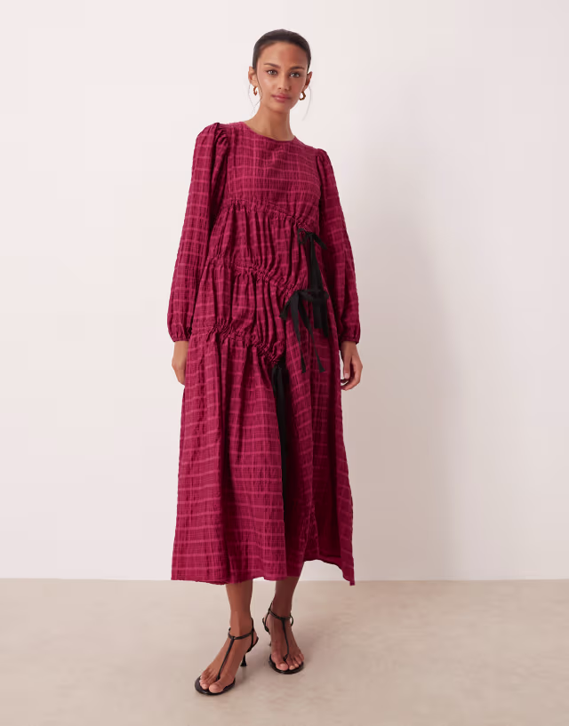 Ghospell cotton rich ruched detail midi dress in wine plaid print
