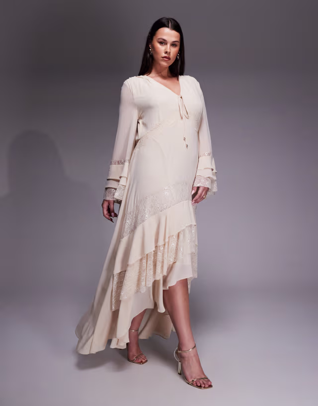 TFNC Plus long sleeve frilly chiffon and lace maxi dress in cream