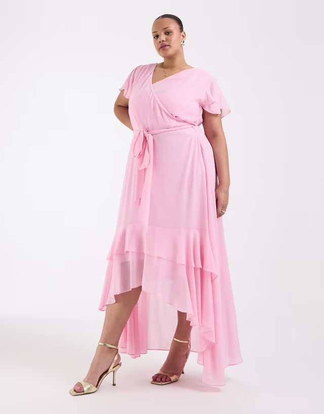 TFNC Plus Bridesmaids hi-lo frilly chiffon maxi dress in pink