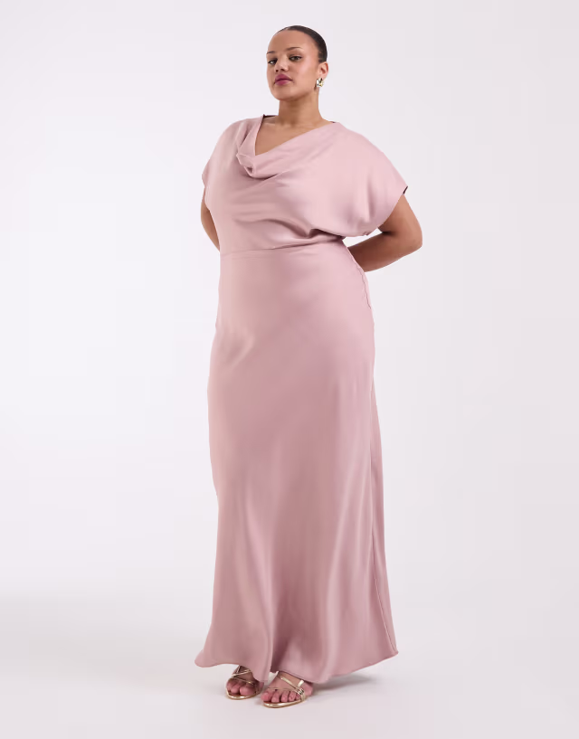 TFNC Plus Bridesmaids cowl neck satin maxi dress in dusty pink