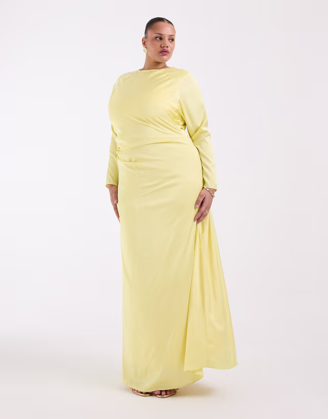 TFNC Plus Bridesmaids satin side drape detailing long sleeve maxi dress in lemon