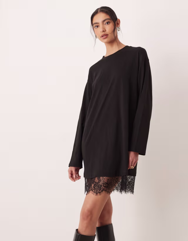 ASOS DESIGN long sleeved T-shirt dress with lace trim in black