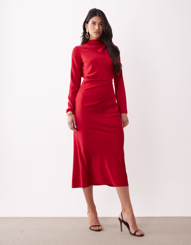 ASOS DESIGN long sleeve high neck pleated bodice midi dress in red
