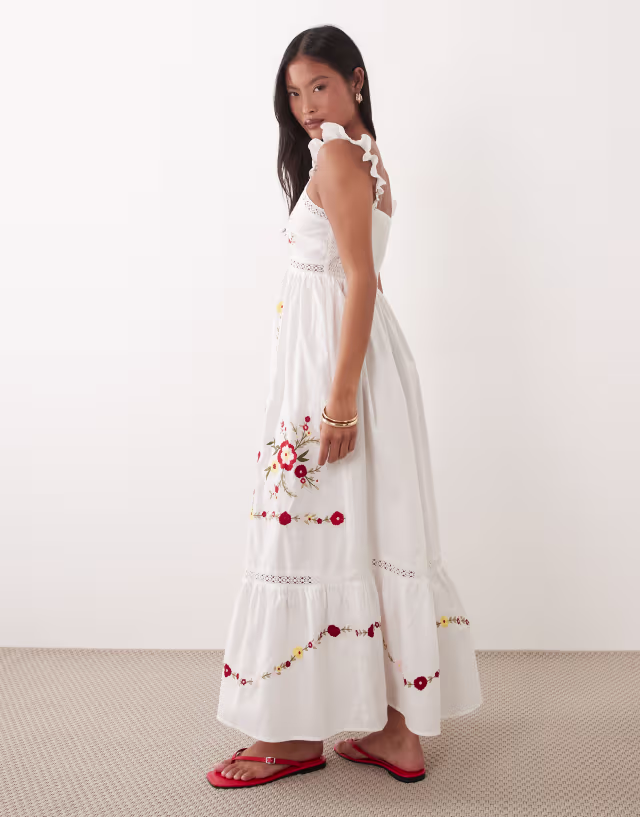 Miss Selfridge Petite lace insert embroidered maxi dress in white