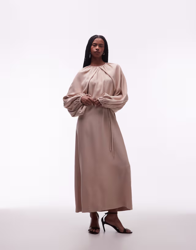 & Other Stories satin cape detail maxi dress with volume sleeves in sand