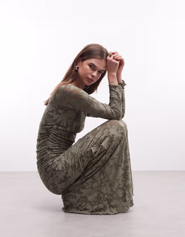 ASOS DESIGN devore long sleeve ruched maxi dress in khaki green