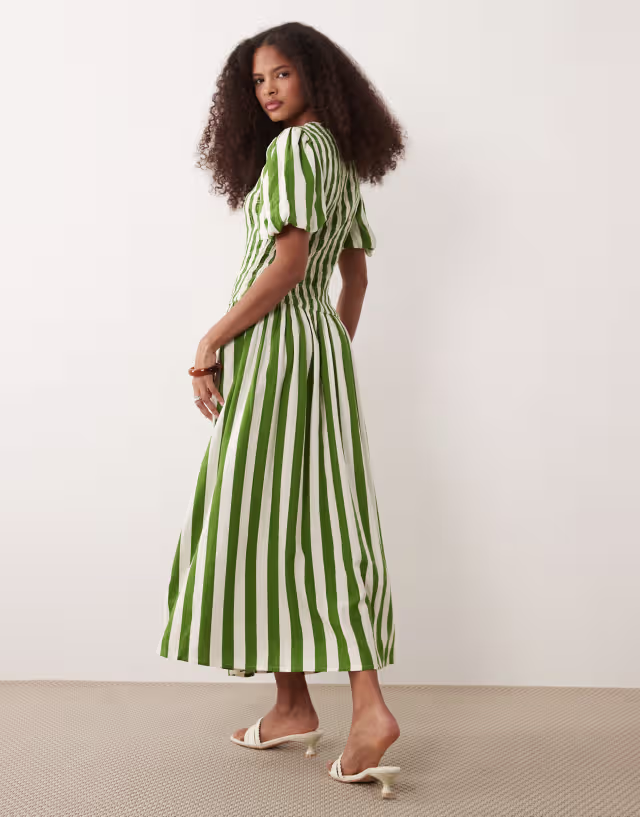 Nobody's Child Amanda linen blend puff sleeve shirred bodice midi dress in green stripes