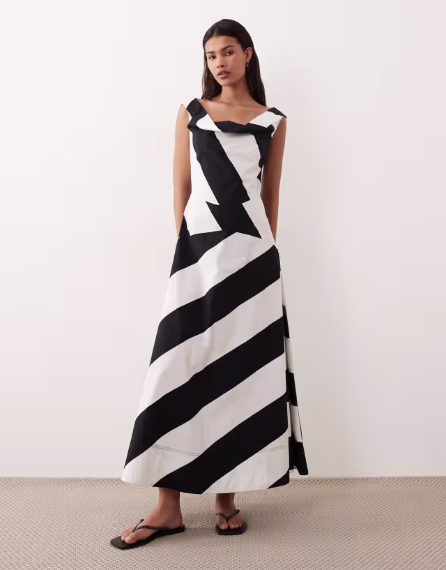 ASOS DESIGN heavy poplin maxi dress with draped neckline in black and white stripe