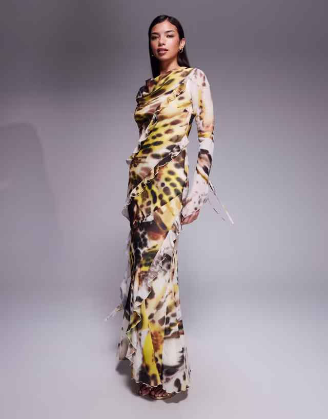 Daska chiffon high cowl neck frill detailing maxi dress in abstract animal print
