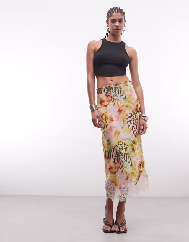 AFRM Ackley high rise lace hem midi skirt in pink multi print