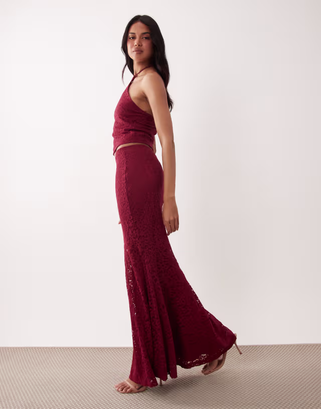 ASOS DESIGN lace fishtail maxi skirt in burgundy, part of a set