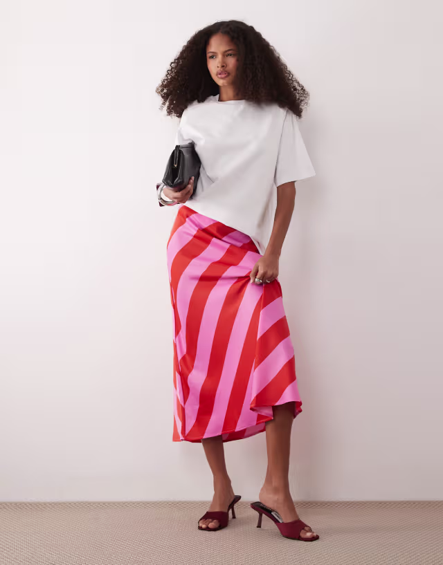 YAS satin midi skirt in red and lilac stripe