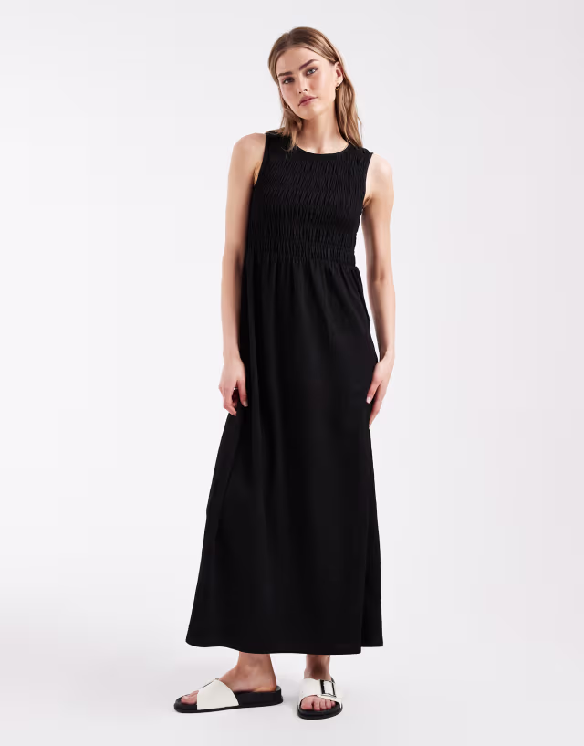 PIECES sleeveless smocked maxi dress in black
