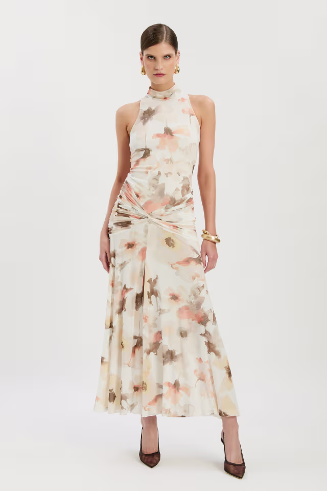 Bardot Leanna high neck ruched waist thigh slit mesh midaxi dress in ivory watercolor floral