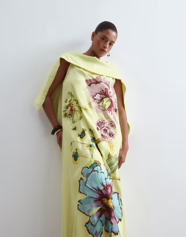 ARRANGE Curve large botanical floral satin drape maxi dress in lime green